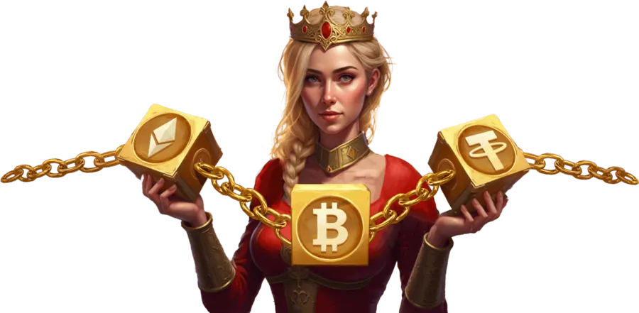 The Casinia queen holding golden chains with Bitcoin, Ethereum and Tether blocks